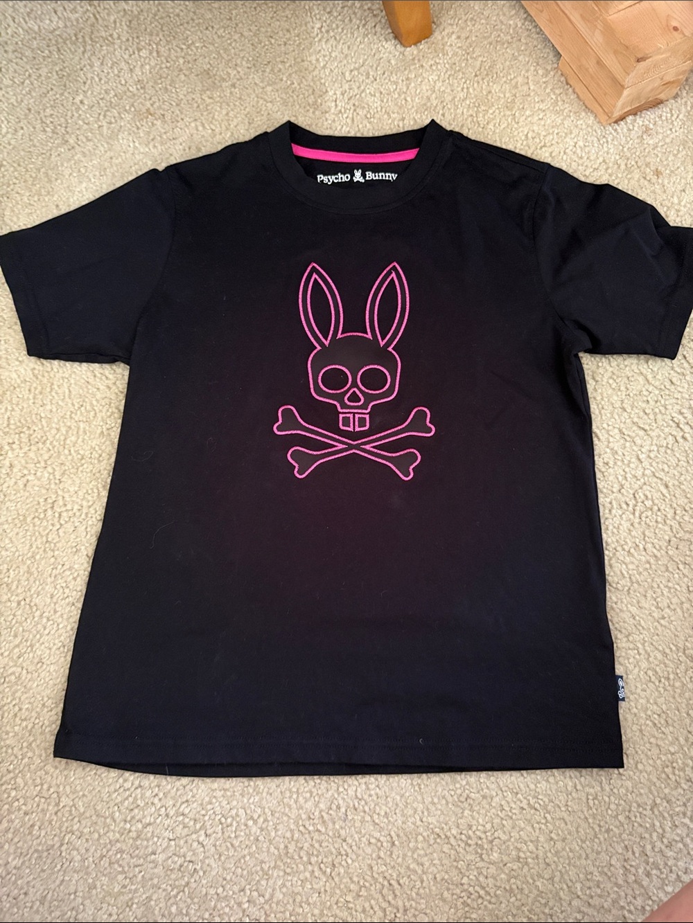 Psycho Bunny Black Tee with Pink Bunny Skull Graphic
